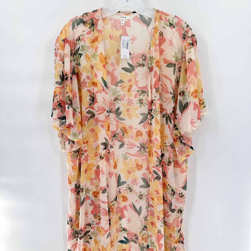 MAURICES NWT Floral Kimono Cardigan Peach Coral Chiffon Open Front Wrap XL